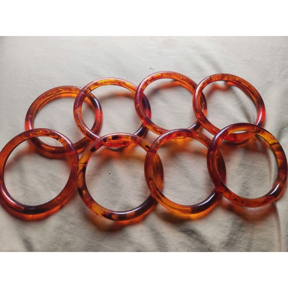 8 Vtg Mid-Century Amber Faux Tortoise Lucite Stacking Bangle Bracelets Set 2.5”